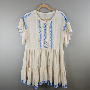Free People Santiago Embroidered Boho Mini Dress Ivory and Blue Size XS